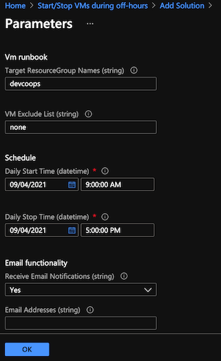 azure automation account start/stop vm solution parameters